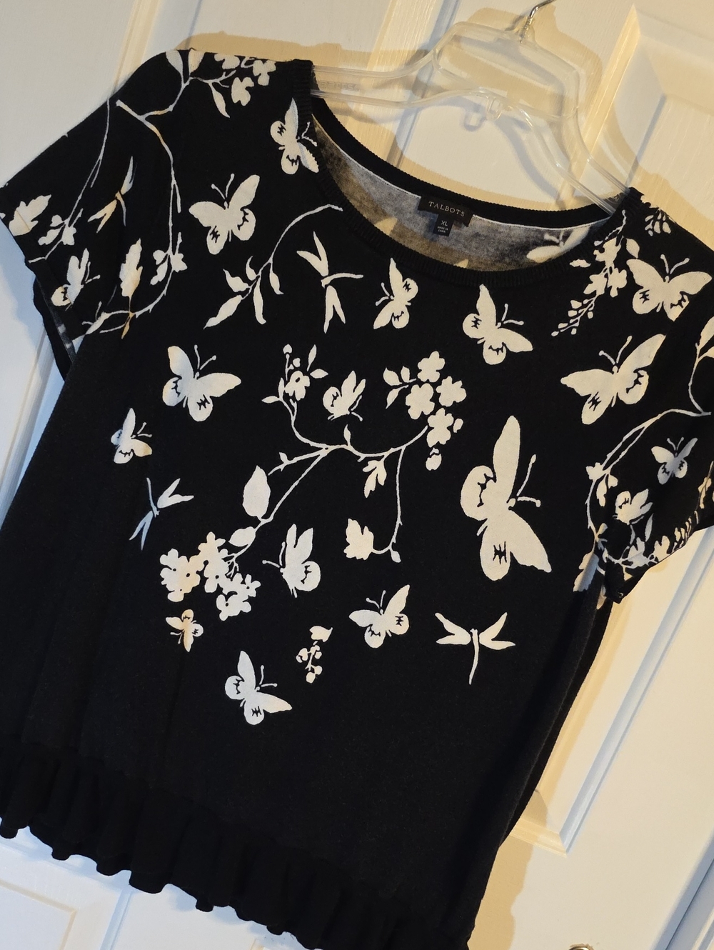 Talbots Black Short Sleeve Sweater with White Butterfly & Floral Print